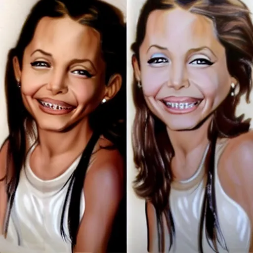 Prompt: child drawing of angelina jolie smiling