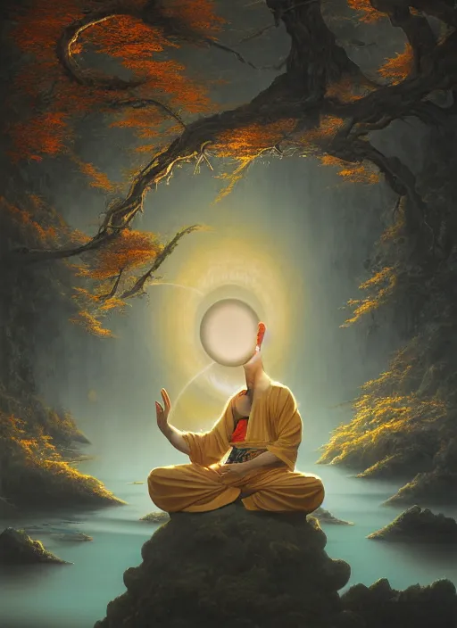 Image similar to a shinto monk meditating, in the style of tomasz alen kopera and fenghua zhong and peter mohrbacher, mystical colors, rim light, beautiful lighting, 8 k, stunning scene, raytracing, octane, trending on artstation