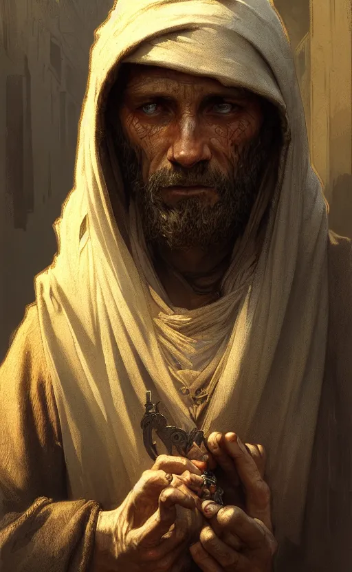 Prompt: a portrait of a medieval beggar, concept art, deep focus, intricate, highly detailed, digital painting, artstation, matte, sharp focus, illustration, art by greg rutkowski and alphonse mucha