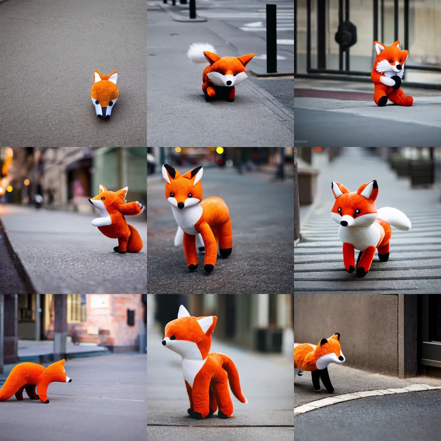 Prompt: A stuffed animal fox plushie pouncing on the sidewalk, Sigma 85mm Lens F/1.8, dynamic, motion blur, award winning photography