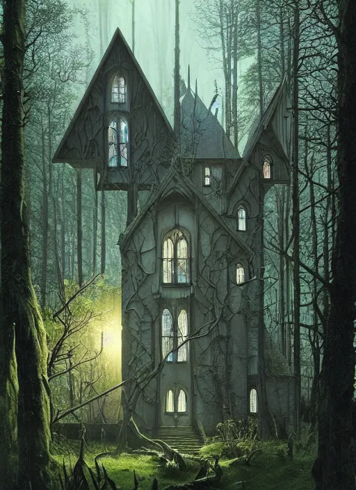 Image similar to hyper realistic witchy modern gothic house with mood lighting and tech in the woods gorgeous lighting, sunbeams blue sky, highly detailed, lush forest foliage painting by zdzisław beksinski and norman rockwell and greg rutkowski weta studio, and lucasfilm