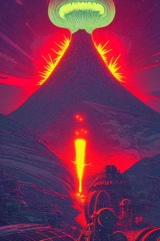 Image similar to artwork by kilian eng and dan mumford and toshi yoshida and franklin booth showing a futuristic powerstation!! in front of a ( ( exploding volcano ) ), vintage scifi, high details, dramatic lightning,, 8 k