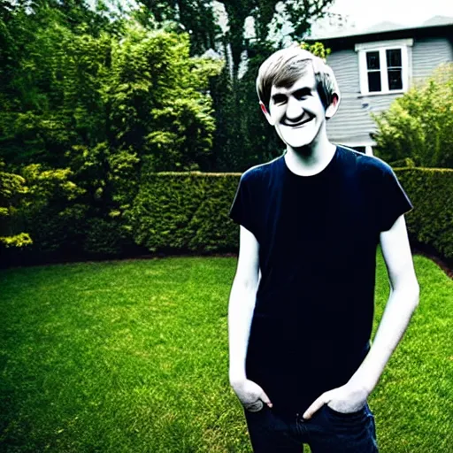 Image similar to bo burnham outside of his house, smiling and dancing