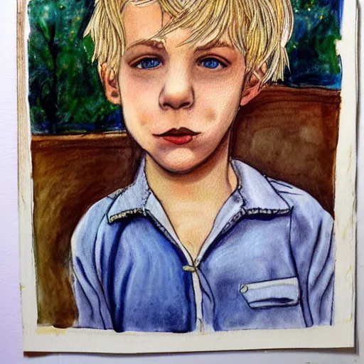 Prompt: of accurate and realistic representation of a close up portrait of a cute blue eyed blond hair boy. colored paints and colored inks on vellum.