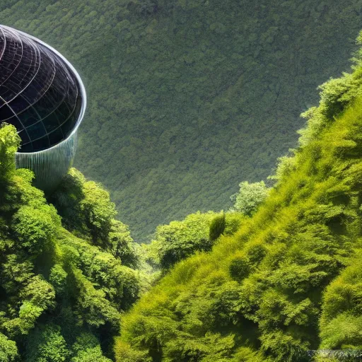 Image similar to vertical farm towers and sci - fi dome in a steep sided valley with trees, a sense of hope, high res, 4 k, stark light, edouard groult, bynde, kirill leonov