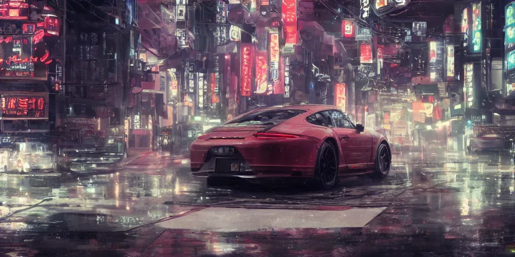 Image similar to tokyo porche 9 1 1 origami neon signs raining, cyberpunk, hyperrealistic, highly detailed, art station greg rutkowski