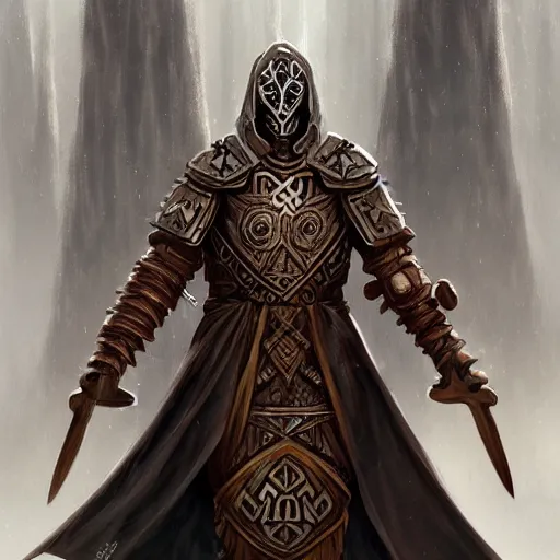 Image similar to beautiful magical warforged construct humanoid wood steel holy warrior crusader runes norse runes germanic warforged tunic hooded cloak runic, intricate, elegant, highly detailed, digital painting, artstation, concept art, smooth, sharp focus, illustration, art by artgerm and greg rutkowski and alphonse mucha and loish and wlop