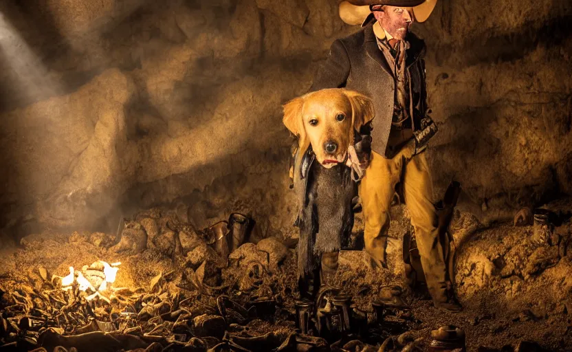 Prompt: a dirty golden retriever in a dark mine wearing a wild west hat and jacket with large piles of gold nuggets nearby, dim moody lighting, wooden supports, wall torches, cinematic style photograph