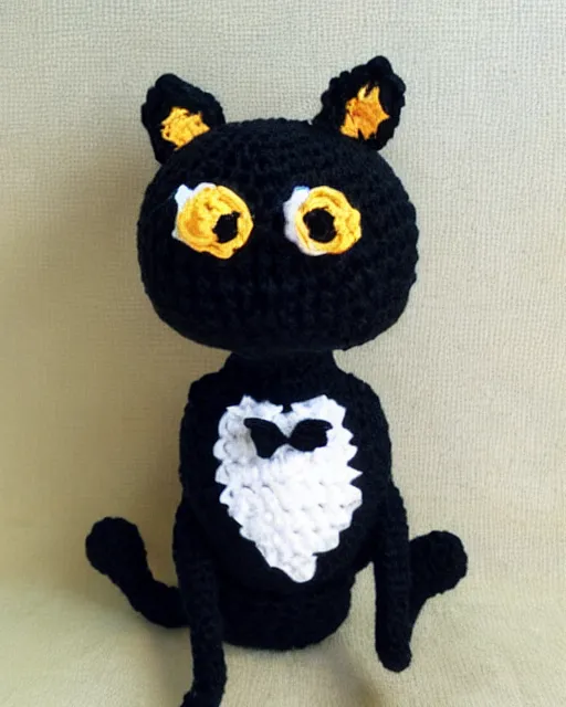 Prompt: cute crocheted black cat wearing a tuxedo, calico critter