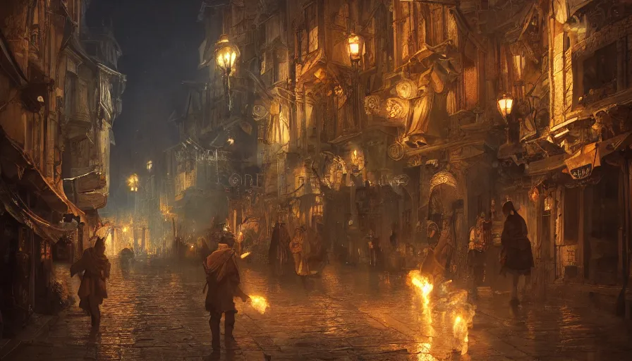 Prompt: street of medieval city lighten by torches during early evening, shadows, reflections, epic composition, intricate, elegant, volumetric lighting, digital painting, highly detailed, artstation, sharp focus, illustration, concept art, ruan jia, steve mccurry