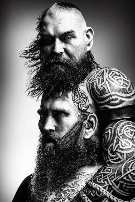 Prompt: a cinematic view of wide bw photo from a very ornated old rasputin viking, shaved haircut, pigtails beard, showing celtic tattoos in the head, using leather armour with necklace of teeth, marvelous expression, photorealistic, volummetric light, depth of field, detailed, texturized, zeiss lens high professional mode