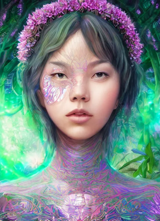 Image similar to portrait of Lalisa Manobal as a Celestial Goddess of a futuristic pearlescent holographic, inside future fighter, sci-fi, fantasy, intricate, lush garden spaceship with sakura season flowers in Kyoto Japan, elegant, human anatomy, royal green and nature light, highly detailed, digital painting, artstation, concept art, smooth, sharp focus, illustration, art by Marvel Studios, masterpiece, 3d blender