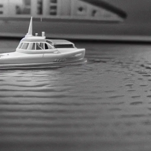 Image similar to beautiful hyperrealism three point perspective film still of Gandalf the grey boat racing in Miami Vice(1988) extreme closeup portrait in style of 1990s frontiers in translucent porclein miniature street photography seinen manga fashion edition, miniature porcelain model, focus on face, eye contact, tilt shift style scene background, soft lighting, Kodak Portra 400, cinematic style, telephoto by Emmanuel Lubezki