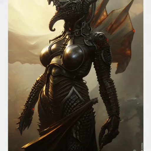 Image similar to female armored demon lord, ultra realistic, concept art, intricate details, eerie, highly detailed, photorealistic, octane render, 8k, unreal engine, art by artgerm and greg rutkowski and alphonse mucha