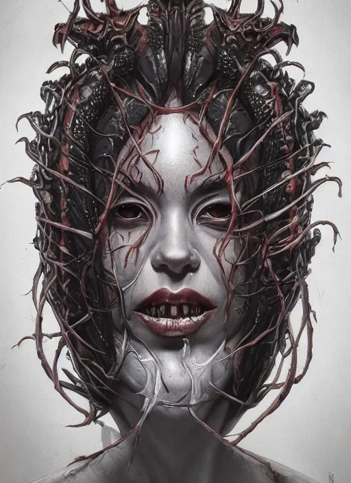 Image similar to a hyper detailed full face portrait of human transforming into the queen of blades, horror, sideshow figurines, diablo 4 lilith, by yusuke murata, by hiroya oku, by dorian cleavenger, by tom bagshaw, by zdzisław beksinski, trending on artstation