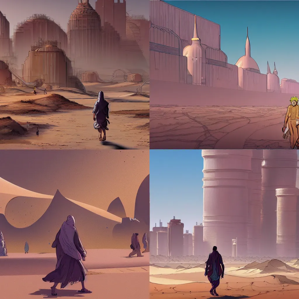 Prompt: a traveller walks towards a desert industrial city, brimming with inhabitants in the style of moebius, concept art, illustraction, trending on artstation