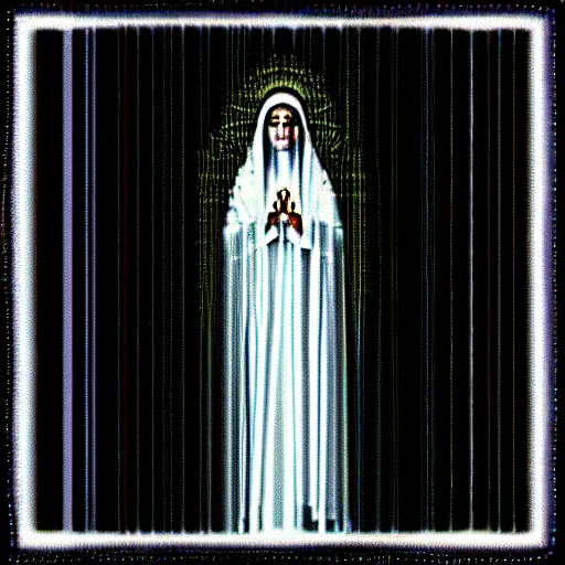 Image similar to vhs static overlay of marian apparition, vhs, 1 9 9 0, highly realistic, highly detailed, vhs noise static, black and white, vhs glitch