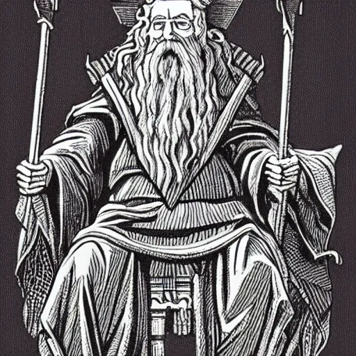 Image similar to An old wizard sitting on a throne, svg