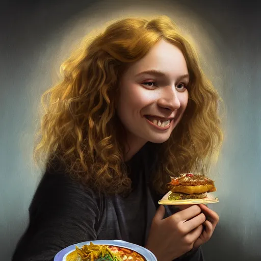 Image similar to epic portrait an poster showing an waitress holding a plate of food and smilling, curly blonde hair, pretty face, glossy skin, digital painting, artstation, concept art, soft light, hdri, smooth, sharp focus, illustration, fantasy, intricate, elegant, highly detailed, D&D, matte painting, in the style of Greg Rutkowski and Alphonse Mucha and artemisia, 8k, highly detailed, jurgens, rutkowski, bouguereau, pastoral, rustic, georgic