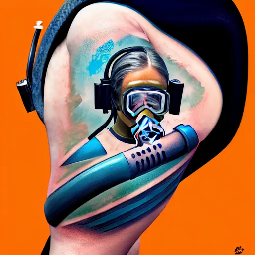 Image similar to a profile photo of a diver with diving helmet with tattoos on arm and neck, side profile in underwater, highly detailed, digital painting, artstation, sharp focus, illustration by Sandra Chevrier