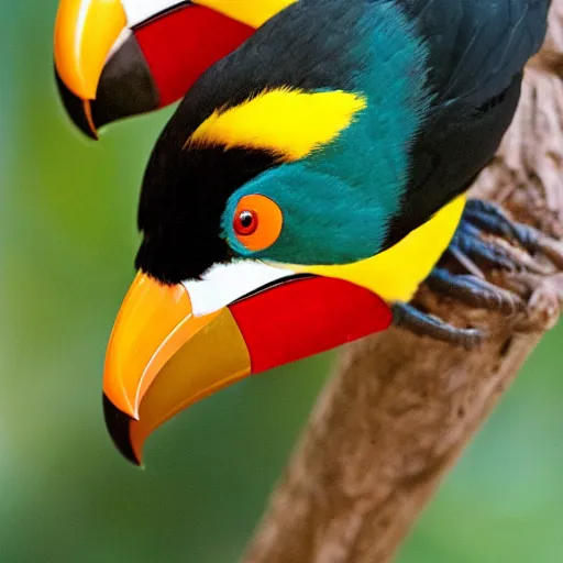 Prompt: white - breasted toucans ( ramphastos tucanus ) of gummy, lemon flavor with strawberry, cherry and orange stripes on the beak.