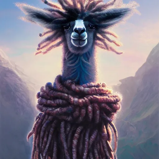 Prompt: llama with dreadlocks, heroic pose, industrial sci-fi, by Mandy Jurgens, Ernst Haeckel, James Jean, artstation, concept art