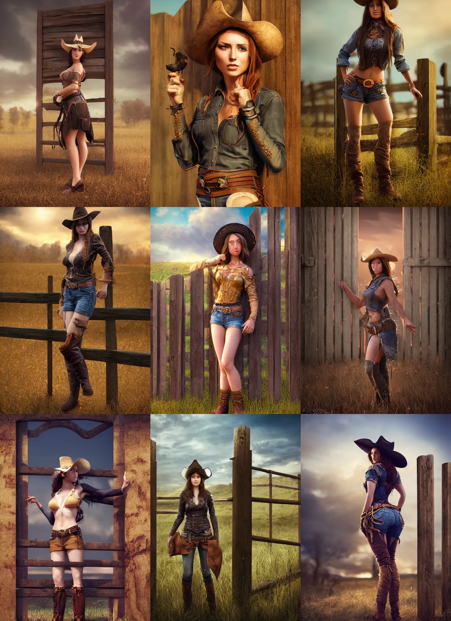 Prompt: detailed full body concept beautiful matte painting of a beautiful cowgirl with a beautiful face, standing by a fence, insanely detailed and intricate, octane render, golden ratio, dark fractal background, vfx, postprocessing, freckles, alluring