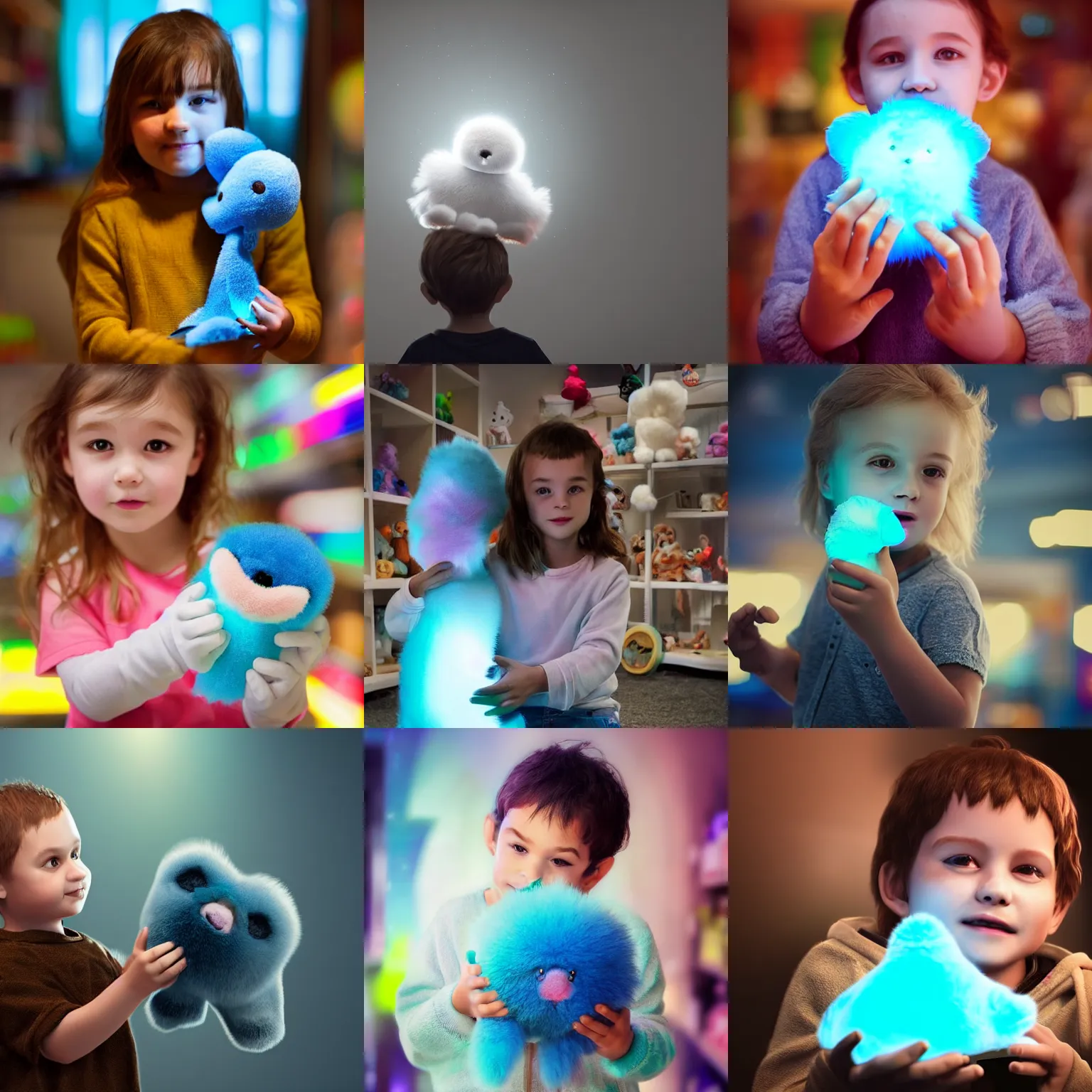 Prompt: adorable child holding a fluffy bioluminiscent creature in a toy shop by nick silva, artstation, instagram, DOF, soft lighting, unreal engine render