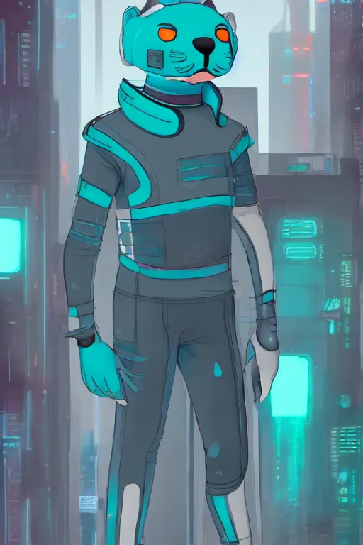 Image similar to a cute male gray turquoise white orange otter fursona wearing tight futuristic clothes in the streets of cyberpunk city, fantasy, paws, 8 k resolution, hyper detailed, character design