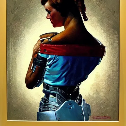 Image similar to portrait of a female android painted by Norman Rockwell and Sandra Chevrier