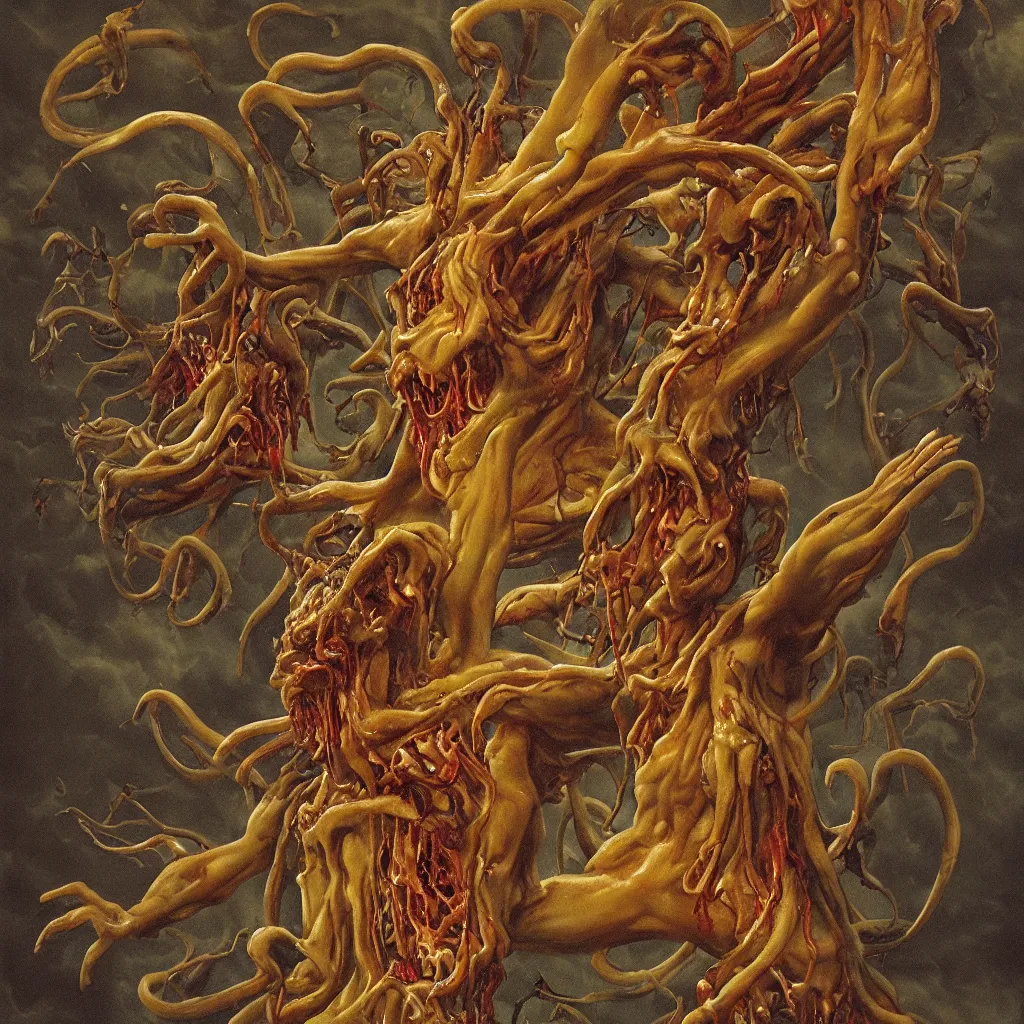 Image similar to grainy 2 0 mm film photograph of a grotesque veiny glossy wet gory nightmare fungus demon god. uhd, amazing depth, cinematic lighting, levitating floating fungus god with arms outstretched. by thomas blackshear.