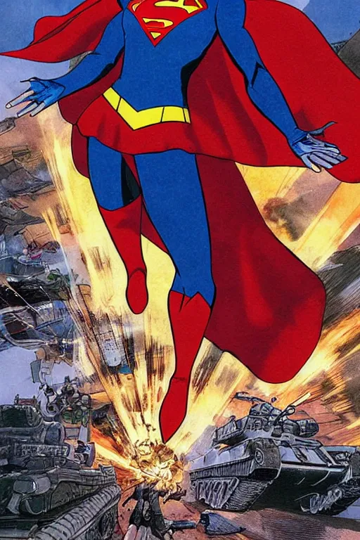 Prompt: a dramatic scene of supergirl leaping onto a tank and smashing it, on a battlefield, smoke, fires, explosions, manga art by katsuhiro otomo, close - up, low angle, wide angle, highly detailed digital art