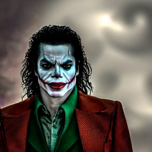 Image similar to stunning awe inspiring michael jackson as the joker, movie still 8 k hdr atmospheric lighting