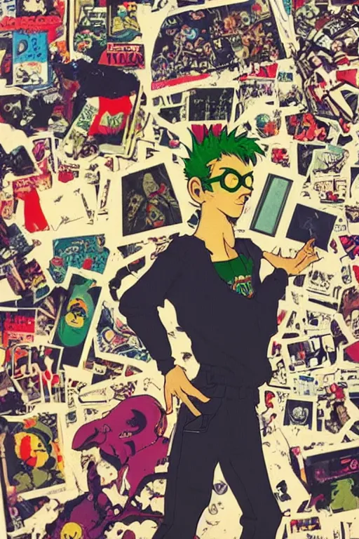 Image similar to nerdy goth guy, cluttered messy 9 0 s bedroom, by jamie hewlett, jamie hewlett art, vaporwave, 9 0 s aesthetic, 9 0 s vibe, concept art, full body character concept art, perfect face, detailed face,