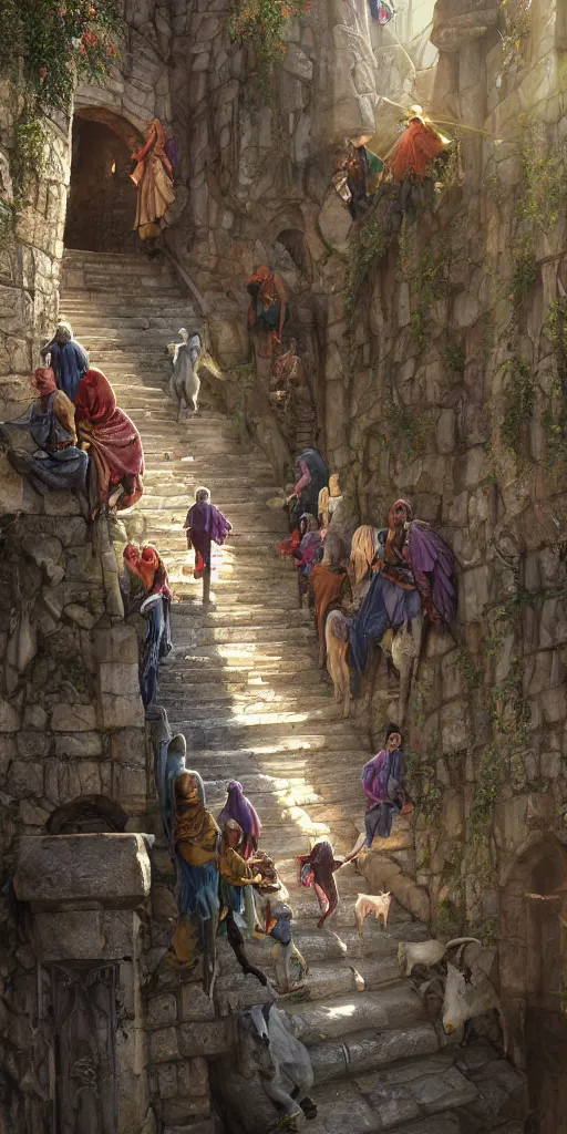 Prompt: a herd of goats!! climbing stairs in a beautiful fantasy castle, medieval city, citadel, magic, tall towers, murals, many goats, sunlight, vivid colors, god rays, digital art, landscape, fantasy art, octane render, unreal engine, high detail, very realistic, by greg rutkowski. by james gurney