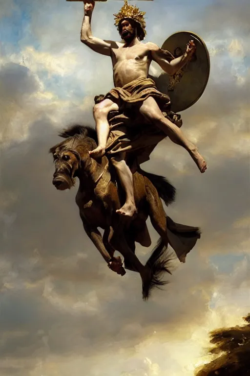Image similar to beautiful oil painting portrait of ancient roman bernedoodle emperor hovering in the air wearing the civic crown levitating and ascending in stations of the cross pose, art by anders zorn, wonderful masterpiece by greg rutkowski, expressive brush strokes, beautiful cinematic light, american romanticism by greg manchess, jessica rossier