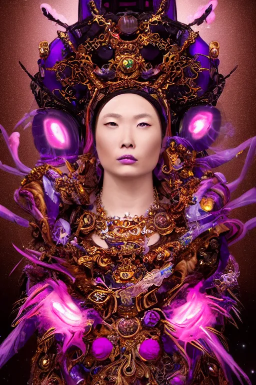 Image similar to a beautiful empress portrait, with a brilliant, impossible striking big cosmic galaxy headpiece, clothes entirely made out of cosmos chaos energy, symmetrical, dramatic studio lighting, rococo, baroque, jewels, asian, hyperrealism, closeup, D&D, fantasy, intricate, elegant, highly detailed, digital painting, artstation, octane render, 8k, concept art, matte, sharp focus, illustration, art by Artgerm and Greg Rutkowski and Alphonse Mucha