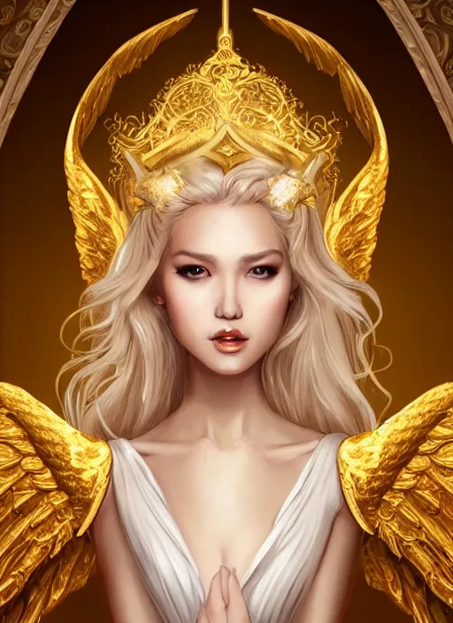 Prompt: alluring angel on golden throne banquet room portrait, white robes, golden accessories, facial features, golden hair, white skin, lipstick, symmetrical wings, high fantasy, extremely detailed, sharp focus, smooth, digital illustration, by artgerm, rossdraws, franzzeta