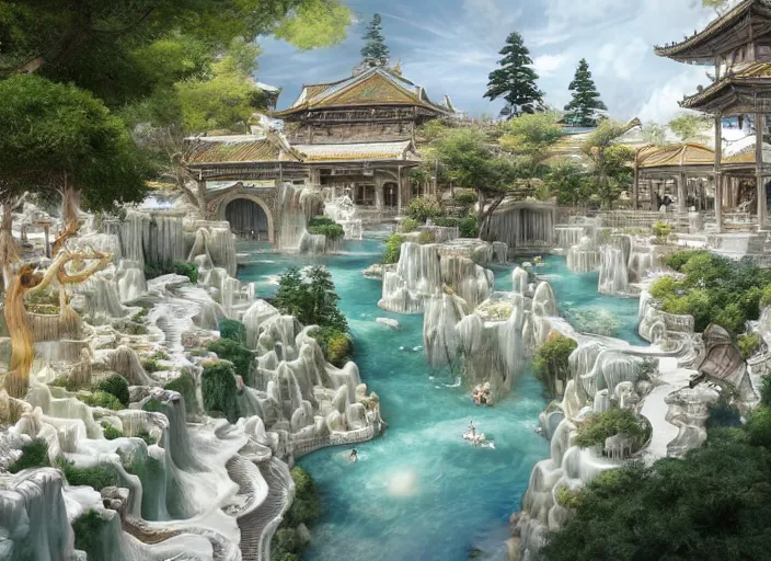 Prompt: A wide open courtyard in a beautiful elven city made of ivory, anime, Singaporean lush sakura trees, fountain, at Pamukkale, thermal waters flowing down white and gold travertine terraces, intricate, elegant, luxurious, digital painting, concept art, smooth, sharp focus, from Star Trek 2021, illustration, by WLOP and Ruan Jia and Mandy Jurgens and William-Adolphe Bouguereau, Artgerm