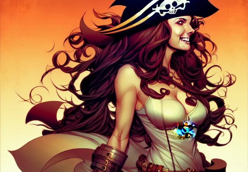 Prompt: artgerm, joshua middleton comic cover art, pretty pirate marisa laren smiling, full body, symmetrical eyes, symmetrical face, long curly black hair, on a pirate ship background, warm colors