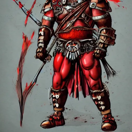 Image similar to bulky muscular scottish warrior with red hair and a kilt, tribal blood red war paintings on his chest, bronze plate armor, in the style of otomo katsuhiro, artgerm