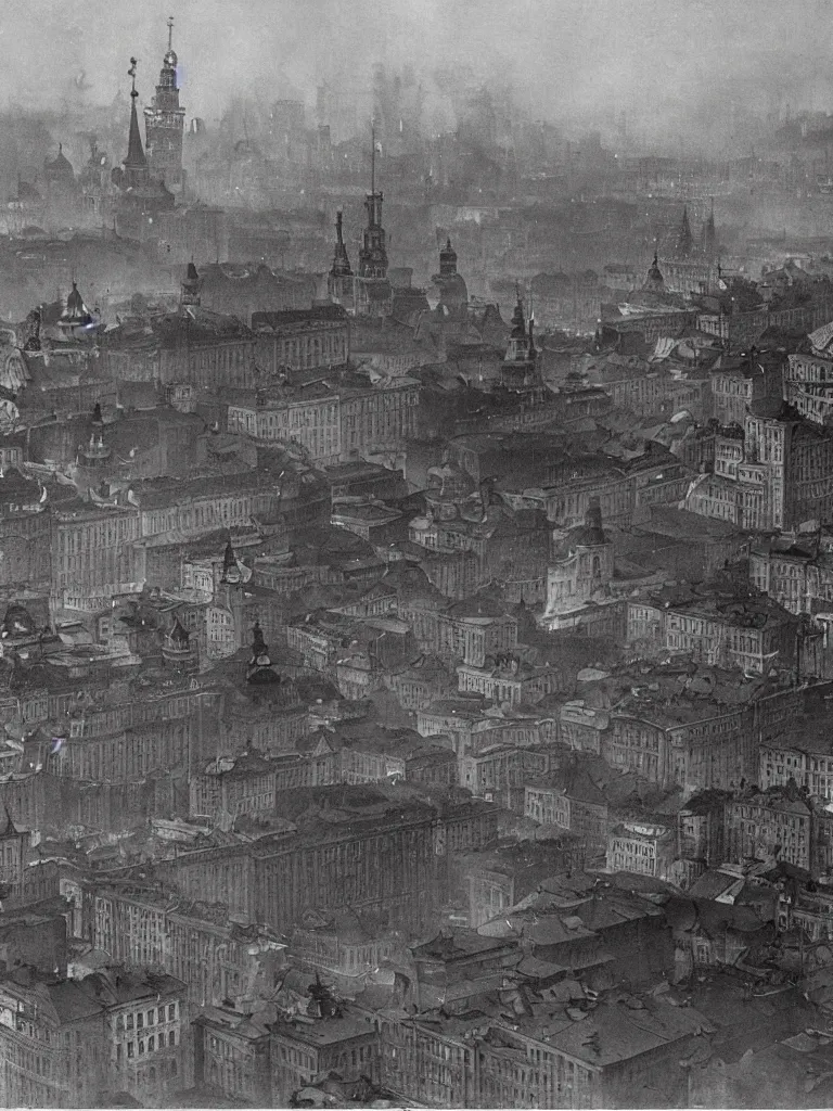 Image similar to a large dieselpunk and steampunk cityscape at dusk in russia during the 1 9 1 0 revolution, kremlin