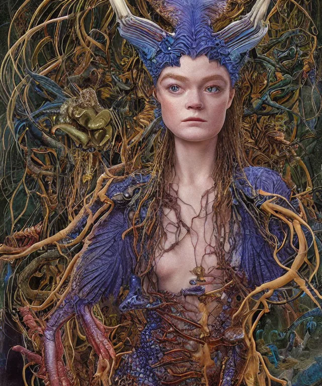 Prompt: a portrait photograph of a fierce sadie sink as an alien harpy queen with blue slimy amphibian skin. she is trying on evil bulbous slimy organic membrane fetish fashion and transforming into a fiery succubus amphibian tree. by donato giancola, walton ford, ernst haeckel, brian froud, hr giger. 8 k, cgsociety
