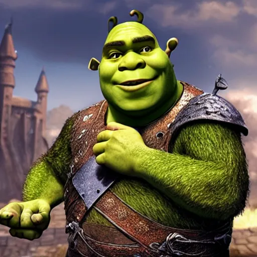 Image similar to a still of shrek in the game of thrones