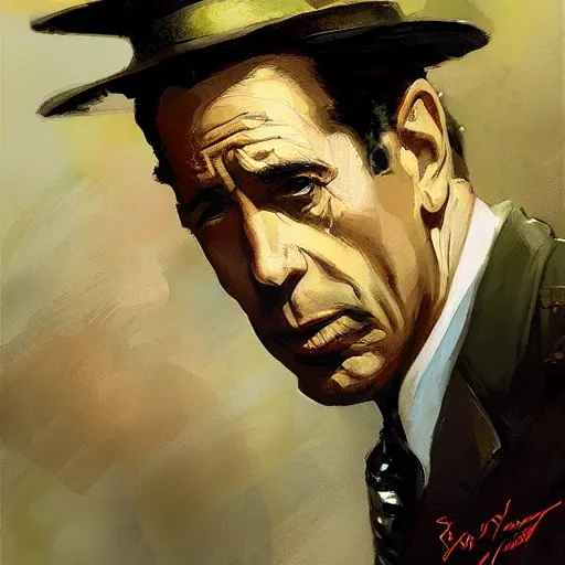 Image similar to humphrey bogart as sam spade, portrait, highly detailed, digital painting, artstation, concept art, sharp focus, illustration, art , style of Dean Cornwell by Dean Cornwell