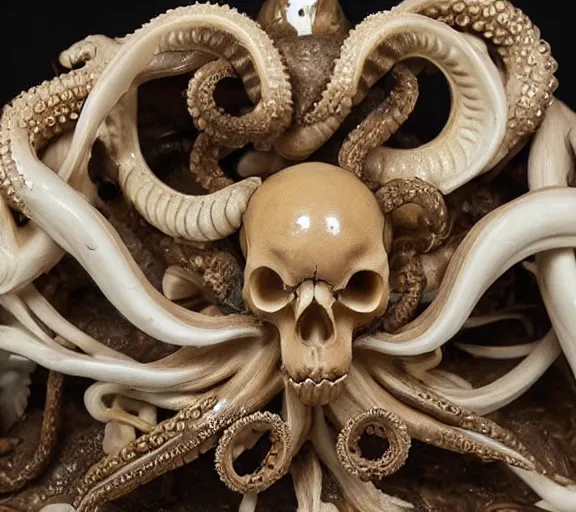 Image similar to an intricately detailed carving in an human - octopus skull, rococo ornate bone and ivory sculpted skull with teeth and tentacles, horror, artifact, micro detailed, inscribed with occult symbols, otherworldly