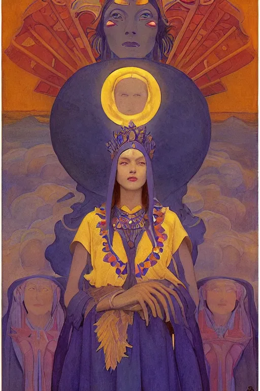Image similar to queen of the sun and moon and stars by Nicholas Roerich and Annie Swynnerton and Diego Rivera and jean delville, dramatic cinematic lighting , ornate headdress , flowing robes, sacred artifacts, lost civilizations, smooth, sharp focus, extremely detailed
