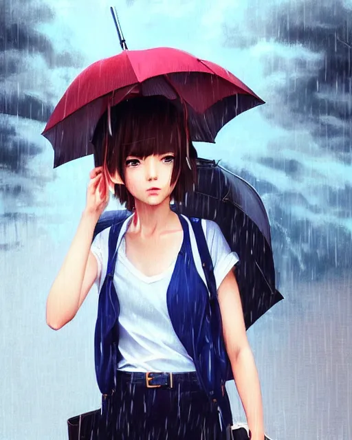 Prompt: cute girl in the rain. full shot | very very anime!!!, fine - face, audrey plaza, realistic shaded perfect face, fine details. anime. realistic shaded lighting poster by ilya kuvshinov katsuhiro otomo ghost, magali villeneuve, artgerm, jeremy lipkin and michael garmash and rob rey