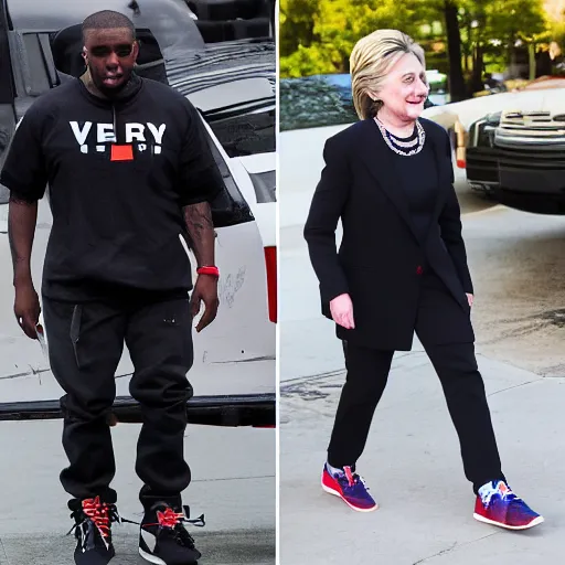 Image similar to hillary clinton wearing vlone and yeezys