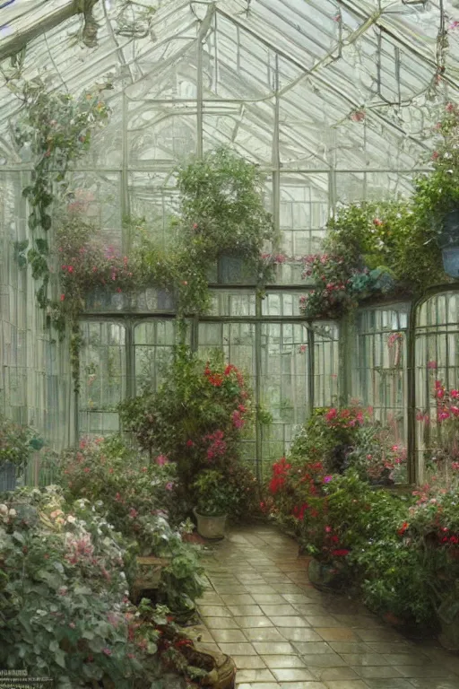 Image similar to a beautiful painting of a greenhouse, beside the window, rainy, gloomy and depressed, dark, low saturation, rococo, by krenz cushart and mucha and monet, trending on artstation.